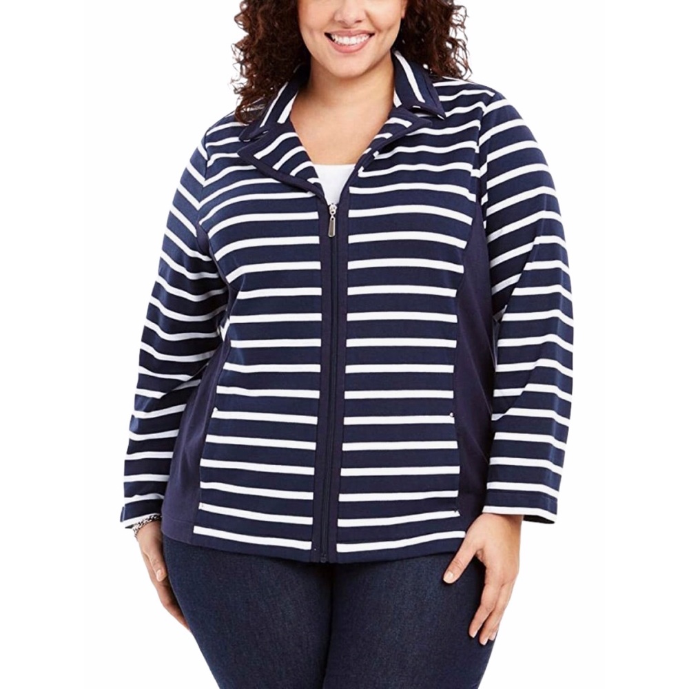 Karen Scott Sport Plus Intrepid Blue Striped Full Zip-Up Jacket, 1X